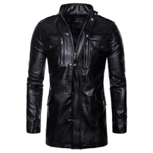 Stand collar four pocket motorcycle leather jacket