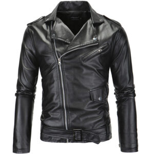 Slim Casual Leather Jacket With Lapel Diagonal Zipper