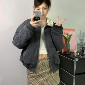 Retro Washed Gray Plush Jacket Mesh Coat For Women