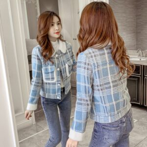 Winter Small Hong Kong Flavor Retro Plaid Fur Collar Coat Short Section Women Thick Woolen Ccoat