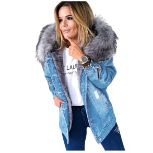 European And American Retro Big Fur Collar Denim Jacket Temperament Commuting To Keep Warm Mid-Length Broken Hole Distressed Coat