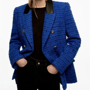 Women's Faux Leather Stitching Textured Suit Jacket