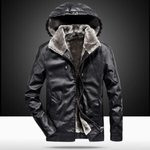 Men's PU Leather Casual Padded Hooded Jacket