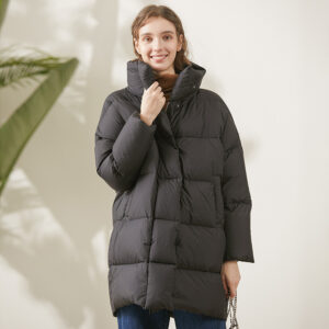 Black Silhouette Down Jacket Women Standing Collar Mid-length