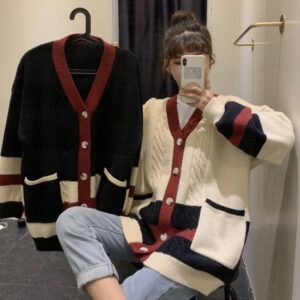 New Style Knitted Cardigan Jacket Loose Stitching Slim Women