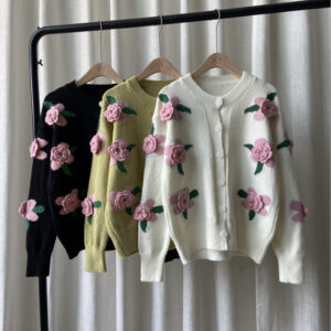 Women's Rose Flower Embroidery Hong Kong Style Sweater Women Jacket