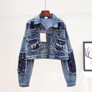 Heavy Industry Sequins Short Doll Sleeve Denim Jacket Women