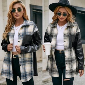 Casual Double Pocket Plaid PU Stitching Jacket Top Women