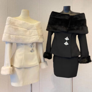 Early Spring New Fashionable Socialite Temperament Off-shoulder Environmental Protection Fur Short Coat Skirt