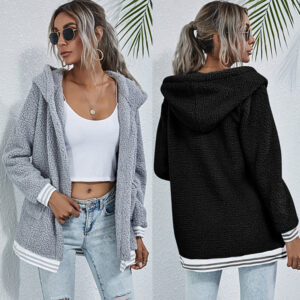 Striped Stitching Long-sleeved Hooded Pocket Plush Jacket Women