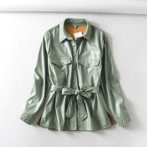 New Wholesale Belted Faux Leather Shirt Jacket