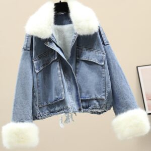 Furry Collar Denim Pie Overcoming Loose Plus Fleece Jacket Women