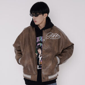 Letter Embroidered PU Leather Jacket Men's Top