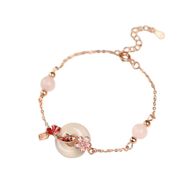 Elegant Rose Gold Bracelet with Jade and Cherry Blossom