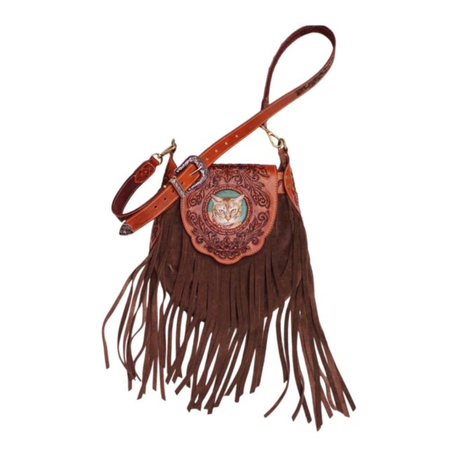 Handcrafted Leather Fringe Bag with Cat Portrait