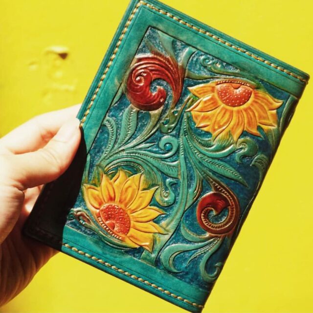 Handcrafted Leather Wallet with Sunflower Carving - Image 4