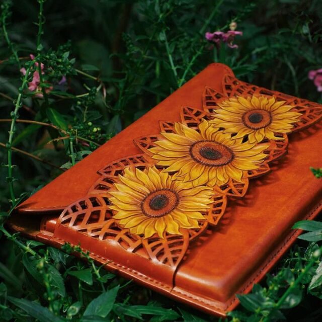 Handcrafted Leather Wallet with Sunflower Embossing - Image 3